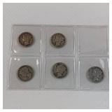A COLLECTION OF 5 MERCURY DIMES