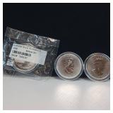 3 BULLION COINS  ONE AUSTRALIA SILVER KOOKABURRA (UNCIRCULATED) AND 2 TOTAL ELIZABETH II CANADIAN 5 DOLLAR BULLION  TAX EXEMPT .9999%