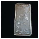 TAX EXEMPT :: .999% 10 OZ BULLION BAR :: YEAR OF THE RABBIT FINE SILVER