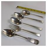 5 PIECE COLLECTION OF MISC. SOLID STERLING SILVER FLATWARE :: 4 SPOONS AND 1 FORK  :: TOTAL WEIGHT OF 284.6 GRAMS
