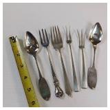 6 PIECE COLLECTION OF MISC. SOLID STERLING SILVER FLATWARE :: FORKS AND  SPOONS  :: TOTAL WEIGHT OF 114 GRAMS