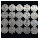 10 DOLLARS FACE  PRE-1965 WALKING LIBERTY HALF DOLLARS  YEARS AS SEEN ON IMAGE  = 20 HALF DOLLARS TOTAL