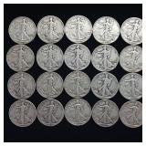 1941-1946 10 DOLLARS FACE  90% SILVER WALKING LIBERTY HALF DOLLARS  YEARS AS SEEN ON IMAGE  = 20 HALF DOLLARS TOTAL