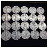 1941-1946 10 DOLLARS FACE  90% SILVER WALKING LIBERTY HALF DOLLARS  YEARS AS SEEN ON IMAGE  = 20 HALF DOLLARS TOTAL