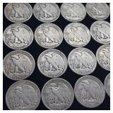 1941-1946 10 DOLLARS FACE  90% SILVER WALKING LIBERTY HALF DOLLARS  YEARS AS SEEN ON IMAGE  = 20 HALF DOLLARS TOTAL