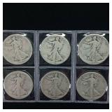 1917-1929  5 DOLLARS FACE  90% SILVER WALKING LIBERTY HALF DOLLARS  YEARS AS SEEN ON IMAGE  = 10 HALF DOLLARS TOTAL