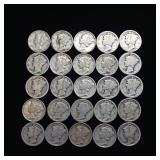 25 COUNT  MERCURY DIMES  90% SILVER COLLECTIBLES