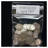 10 DOLLARS FACE  PRE-1965 SILVER DIMES  YEARS AS SEEN ON IMAGE  MIX (MOSTLY ROOSEVELT) = 100 DIMES TOTAL