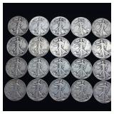 10 DOLLARS FACE  90% SILVER WALKING LIBERTY HALF DOLLARS  YEARS AS SEEN ON IMAGE  = 20 HALF DOLLARS TOTAL