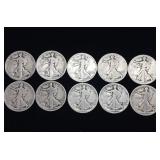 5 DOLLARS FACE WALKING LIBERTY HALF DOLLARS  10 COINS TOTAL  1917   1936  1920 - 1939