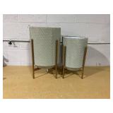 Gray Honeycomb Metal Cachepot Planters with Gold Stands