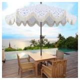 JONATHAN Y Collins 9 ft. Cottage Tassel Market Patio Umbrella with Auto-Tilt, Crank, Wind Vent and UV Protection in White/Cream  Customer Returns See Pictures