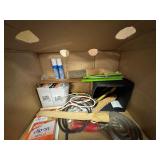 Box of Miscellaneous Items - Light Bulbs, Shims, Extension Cord, Bag of Rags and More