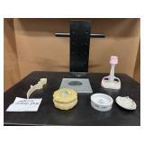 Unique and Vintage: Stone Rose, Mid 20th Century Alabaster Trinket Box, Rosanna French Embroidery Calligraphy, Kotobuki Cat Tea Bag Holder plus more