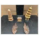 Vintage Small Asian Model Buildings, Pair of Vintage Thai Carved Wood Deity Head Wall Hangings