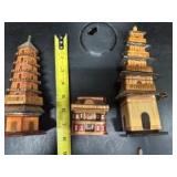 Vintage Small Asian Model Buildings, Pair of Vintage Thai Carved Wood Deity Head Wall Hangings