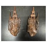 Vintage Small Asian Model Buildings, Pair of Vintage Thai Carved Wood Deity Head Wall Hangings