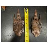 Vintage Small Asian Model Buildings, Pair of Vintage Thai Carved Wood Deity Head Wall Hangings