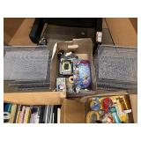Three Boxes of Office Supplies, Adding Machines, Calculator, Pencil Sharpeners, Sheet Covers, Notebooks, Two Matching Metal Hanging File Organizers and more