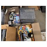 Three Boxes of Office Supplies, Adding Machines, Calculator, Pencil Sharpeners, Sheet Covers, Notebooks, Two Matching Metal Hanging File Organizers and more