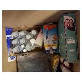 Large Lot of Personal Care, Decor, Books-Fifty Shades of Gray Book Set, Soap, Face Oil, Scented Room Sprays, Hand Sanitizer, Face Shields, New Leather Gloves, Glass Golf Bookends and More