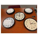 Five Battery Operated Clocks (Two are 12" Diameter, Two are 14" Diameter, One is 14.5" Diameter)