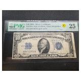 $10 1934 Blue Seal Silver Certificate PMG Graded 25 in Very Fine Condition - High Quality Bill!!