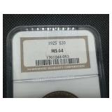 1925 St. Gaudens $20.00 Double Eagle Coin NGC MS64 - NGC Price Guide is $3725