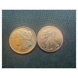 2 One oz Copper rounds Morgan and Liberty Design