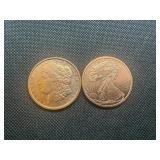 2 One oz Copper rounds Morgan and Liberty Design