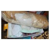 Box of Sewing Material, Roll of Foam, Yarn, Storage and Tablecloths