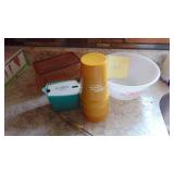 Adverting Pieces, Bowl, Cups, Creamer, Pink Depression Butter Dish (Inside on the Inside)