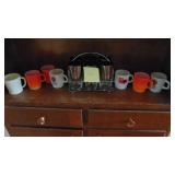 Vintage Drink Glasses with Carrier and Misc Fireking Mugs