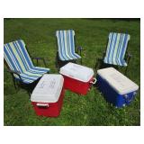 Three coolers, three folding chairs...