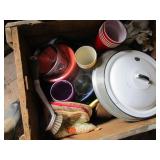 Camp cooking supplies, wooden box...