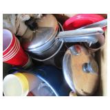 Camp cooking supplies, wooden box...
