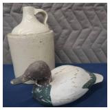 VINTAGE UNMARKED JUG / HAND CARVED DECOY