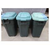 THREE RUBBER MAID 30 GALLON TRASH CANS