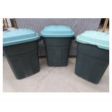 THREE RUBBER MAID 30 GALLON TRASH CANS