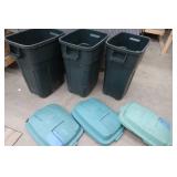 THREE RUBBER MAID 30 GALLON TRASH CANS