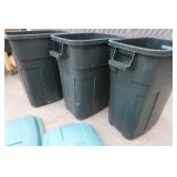 THREE RUBBER MAID 30 GALLON TRASH CANS