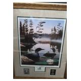 SIGNED FRAMED PRINT AND WOOD BURNING ART