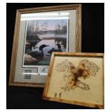 SIGNED FRAMED PRINT AND WOOD BURNING ART