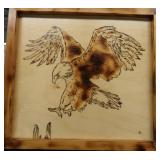 SIGNED FRAMED PRINT AND WOOD BURNING ART