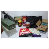 Vintage swim Fins, Racket, Cards, Pounce, Boxes.