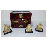 Intricate carved Jewelry Box and hear/see/speak no evil buddhas
