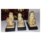 Intricate carved Jewelry Box and hear/see/speak no evil buddhas