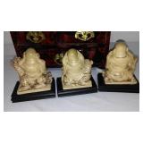Intricate carved Jewelry Box and hear/see/speak no evil buddhas