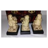 Intricate carved Jewelry Box and hear/see/speak no evil buddhas