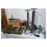 Vintage Collection Cheese Boxes, Camping, Brass Oiler, Ice Tongs.